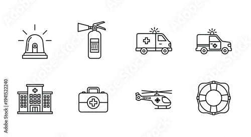 Emergency services and equipment depicted in simple line drawings
