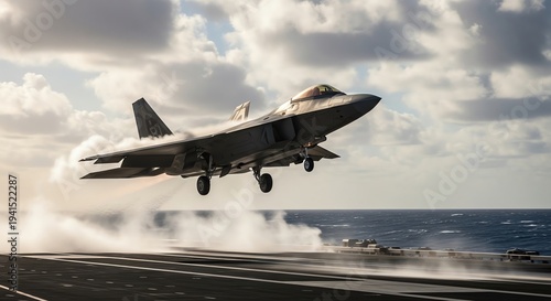 Fighter Jet Takes Off From Aircraft Carrier Deck Over Ocean.