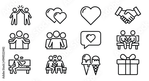 A collection of icons representing various aspects of social interactions and relationships.