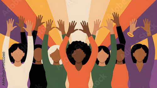 Group of women raising hands in solidarity, artistic illustration, female empowerment and equality concept