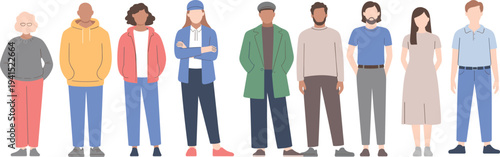 Flat color illustration of nine diverse individuals standing side by side, showcasing varied fashion styles, personalities, demographics, and social diversity.