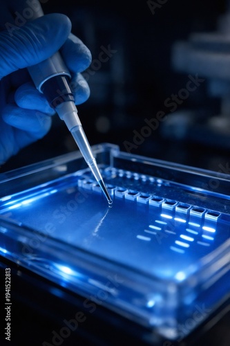 Gloved hand pipetting a sample onto an electrophoresis gel, showing glowing DNA bands, representing genetic research and biotechnology in a laboratory setting