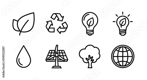 Icons representing various aspects of environmental sustainability and renewable energy