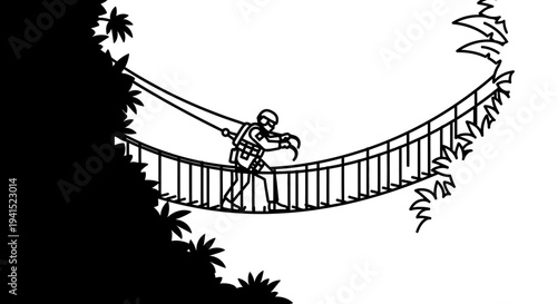Adventurer crossing rope bridge in jungle, zip line safety harness, extreme sports