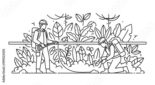 Agricultural workers spraying pesticides in a field, protecting crops from pests and diseases