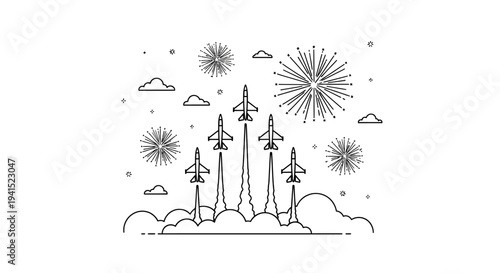Air Show Formation Flying Jets Launching Fireworks Display Celebration