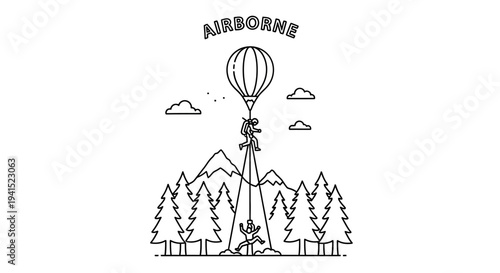 Airborne Adventure: Paratrooper Descends from Hot Air Balloon Over Forest