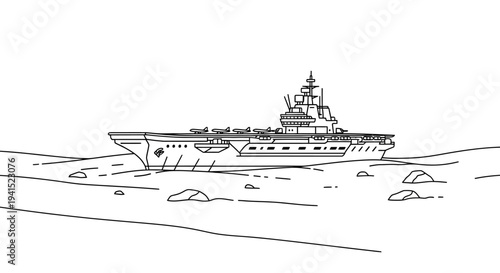 Aircraft Carrier Ship Sailing Through Rocky Waters - Line Art Illustration