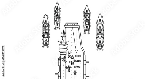 Aircraft Carrier with Escort Ships, Top View, Military Naval Fleet Formation