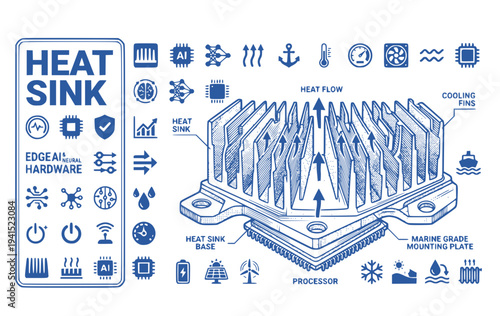 Heat Sink Technical Profile Cooling Fins Edge AI Neural Hardware Icon Set Thermal Management Hardware Cooling Vector Illustration