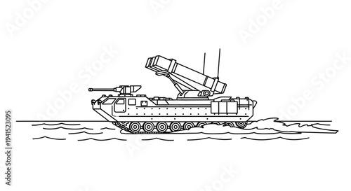 Amphibious Armored Vehicle with Missile Launcher and Cannon on Water