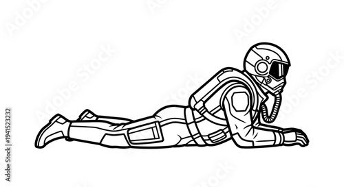 Astronaut lying down, black and white illustration, space suit, helmet, futuristic gear