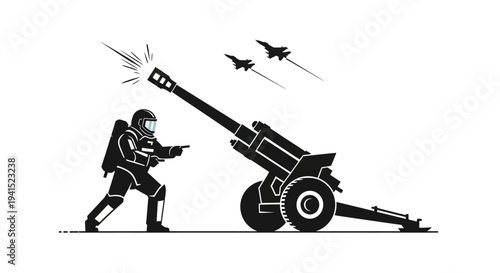 Astronaut firing a large cannon with fighter jets flying in the sky