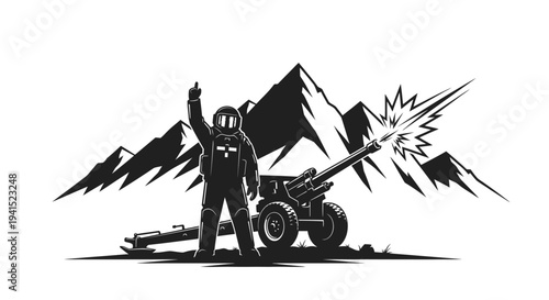 Astronaut Firing Cannon on Mountain Peak, Space Warfare Concept