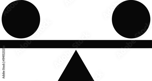 A simple black and white graphic illustration of a perfectly balanced scale with two equal weights represented by circles on a fulcrum.