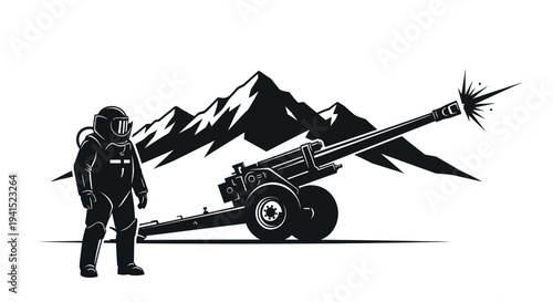 Astronaut with Artillery Cannon Firing in Mountains