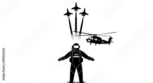 Astronaut with Jet Fighters and Helicopter, Space Exploration Concept
