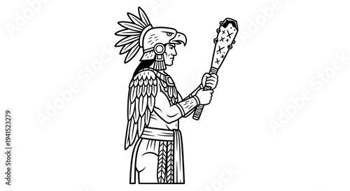Aztec Warrior with Macuahuitl and Eagle Headdress, Ancient Mesoamerican Warrior Illustration