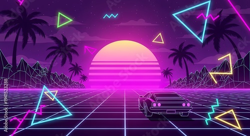 Retro-futuristic sunset drive through a neon-drenched digital landscape with palm trees and geometric shapes evoking 80s synthwave aesthetics