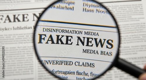 Magnifying glass highlighting FAKE NEWS headline on a newspaper, showing media bias