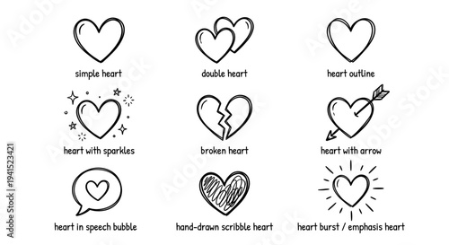 Hand Drawn Hearts and Love Icon Set Doodle Style Romance Emotions and Valentine Decorative Symbols