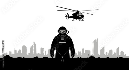 EOD Soldier in Hazmat Suit with Helicopter Over Cityscape