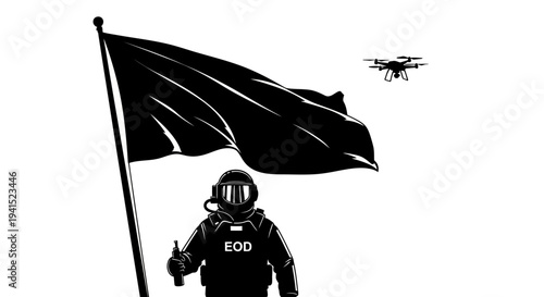 EOD Soldier with Black Flag and Drone Surveillance