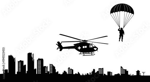 Helicopter Rescue Parachutist Over City Skyline Silhouette