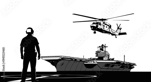 Helicopter Landing on Aircraft Carrier with Crew Member Watching