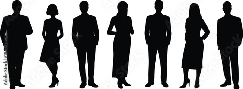 Black silhouette illustration of seven diverse business professionals in formal attire, standing together, symbolizing teamwork, workplace diversity, leadership, and success.