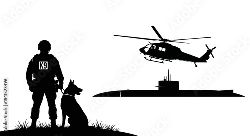 K9 Police Officer, Helicopter, and Submarine Silhouette - Military and Law Enforcement Concept
