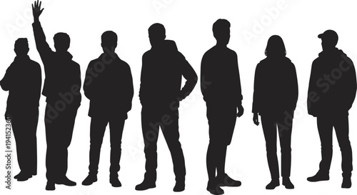 Black silhouette illustration of seven diverse individuals in varied postures and clothing styles, symbolizing unity, fashion diversity, expression, and teamwork.