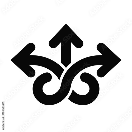 Three black arrows branching out from an intertwined central loop, symbolizing choices, complexity, or multiple directions.