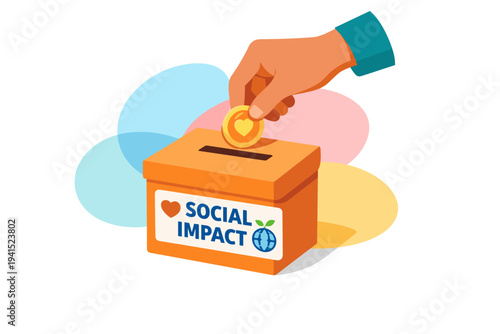 Hand dropping coin into social impact donation box.