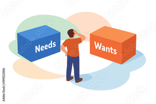 Man choosing between needs and wants decision making concept.