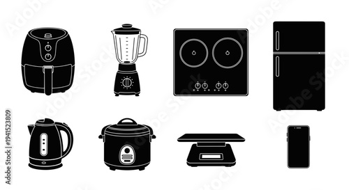 A set of kitchen appliances in a flat, minimalist design on transparent background