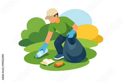 Man collecting trash in a park for environmental cleanup.