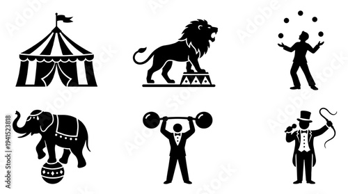 A set of six black and white circus icons on transparent background