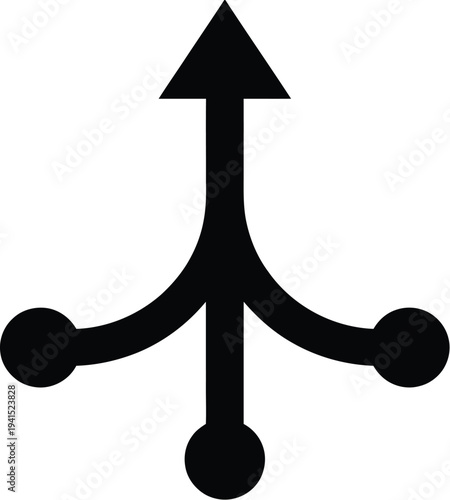 Fotografi A black and white graphic symbol depicting three converging lines with dots merging into a single upward-pointing arrow