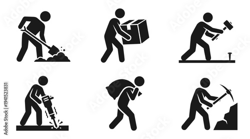 A set of six black silhouettes depicting construction workers performing various tasks on transparent background