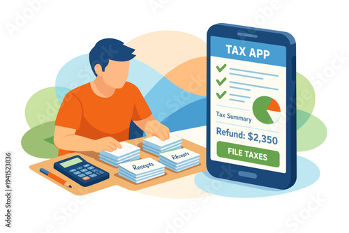 Man using tax application on smartphone for financial planning.