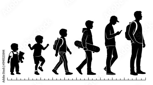 A black silhouette illustration of a person's growth stages from childhood to adulthood on transparent background