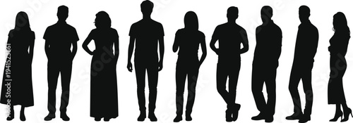 Black silhouette illustration of nine diverse individuals in varied clothing styles and postures, symbolizing unity, fashion diversity, identity, and expression.
