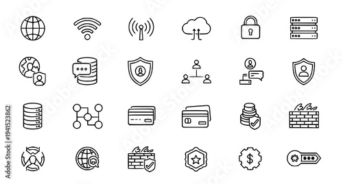 A set of line art icons representing various cybersecurity and technology concepts