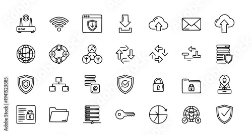 A collection of security and technology icons in a flat design style