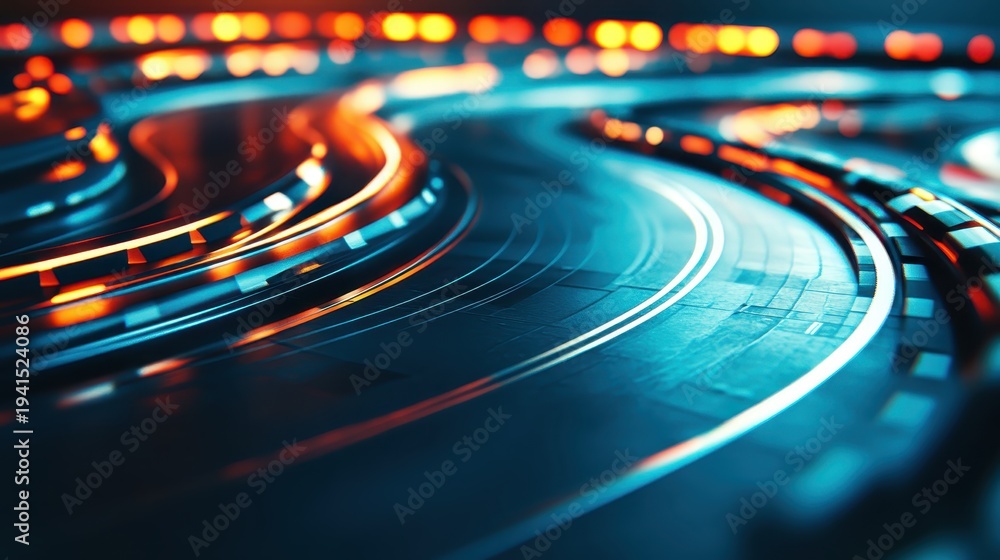 Obraz premium Captivating motion blur of a racing circuit illuminated by vibrant lights, showcasing speed and dynamism on a digital display