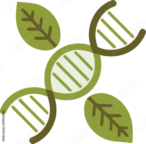 Biotechnology and Genetic Engineering Concept Illustration Featuring DNA Double Helix and Green Leaves Isolated on White Background