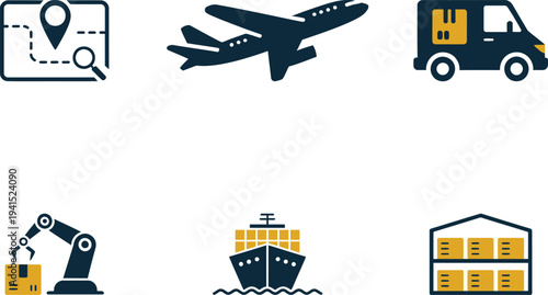 Global Logistics and Supply Chain Management Icon Set with Cargo Ship Delivery Van Airplane and Robotic Warehouse Automation Isolated on White