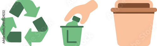 Recycling Icon Set Featuring Green Universal Recycle Symbol Hand Putting Plastic Bottle in Bin and Trash Can Isolated on White Background Vector Illustration.