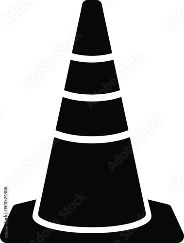 Minimal vector silhouette, traffic safety cone road construction marker, solid black, isolated on white background.